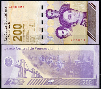 Венесуэла 200 боливаров 2023 Симон Боливар (три портрета), битва на озере Маракайбо, мост, серия A Pick 120  бумага  UNC (пресс) 7200-13-3
