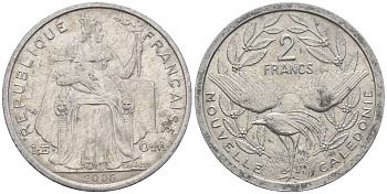 Французская Новая Каледония 2 франка 2006 птица кагу, (IEOM) KM 14, Schoen 11, Lec 68k алюминий    28-1235