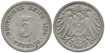 ГЕРМАНИЯ 5 ПФЕННИГОВ 1890 D KM 11, J. 12 медно-никель 39-636