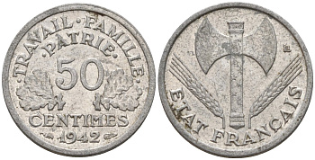 Франция 50 сантимов 1942 Тип Francisque, Lourde, правительство Виши KM 914.1, Le Franc 195.2 алюминий 4596-816