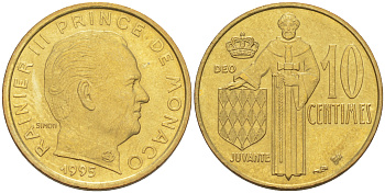 Монако 10 сантимов 1995 Ренье III (1949-2005) KM 142 алюминиевая бронза UNC 188-1054