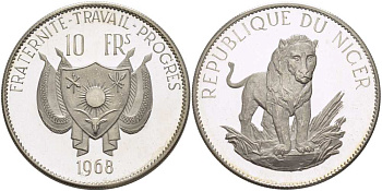 Нигер 10 франков 1968 лев, без черты над Е, в слове Republique KM 8.2 серебро PROOF 02-015-45