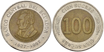 ЭКВАДОР 100 СУКРЕ 1997 АНТОНИО ХОСЕ де СУКРЕ, 70 ЛЕТ ЦЕНТРАЛЬНОМУ БАНКУ KM 101 биметалл 66-927