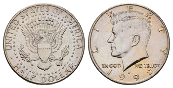 США 1/2 доллара (50 центов) 1992 D, Джон Кеннеди KM A202b медь плакированная медно-никелем UNC 4672-646