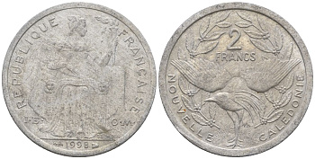 Французская Новая Каледония 2 франка 1998 птица кагу, (IEOM) KM 14, Schoen 11, Lec 68c алюминий    25-156