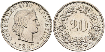 Швейцария 20 раппенов 1967 В KM 29а медно-никель 4585-1067