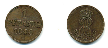 Ганновер 1 пфенниг 1846 B, Эрнст Август (1837-1851) KM 201.1, AKS 129, J. 74 медь 35-829