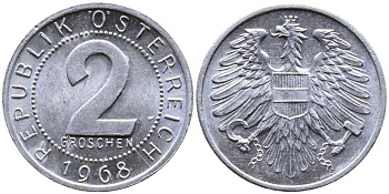 АВСТРИЯ 2 ГРОША 1968 KM 2876 алюминий 4387-713