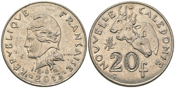 Французская Новая Каледония 20 франков 2013 три быка, (IEOM) KM 12a, Schoen 14a, Lec 115j медно-никель 84-1135