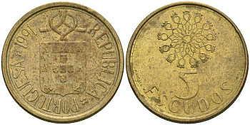 Португалия 5 эскудо 1991 KM 632 никель латунь 08-1323