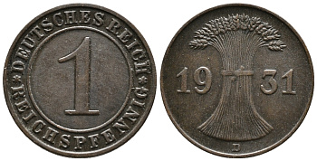 ГЕРМАНИЯ 1 РЕЙХСПФЕННИГ 1931 D KM 37, J. 313 бронза 39-1053