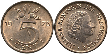Нидерланды 5 центов 1976 Юлиана (1949-1980) KM 181 бронза 65-1221