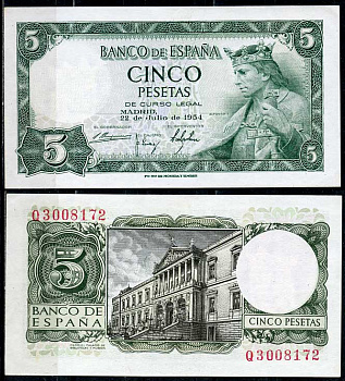 Испания 5 песет 1954 Альфонсо X, король Кастилии и Леона, дворец библиотек и музеев, Мадрид Pick 146 a  бумага  aUNC 8614-37-4-1