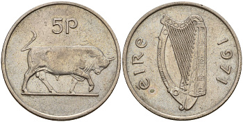 Ирландия 5 пенсов 1971 бык KM 22 медно-никель 4141-254