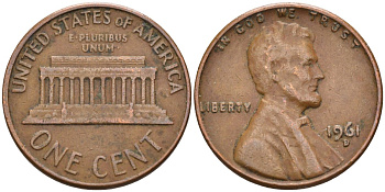 США 1 цент 1961 D, Авраам Линкольн KM 201 медь цинк 4115-826