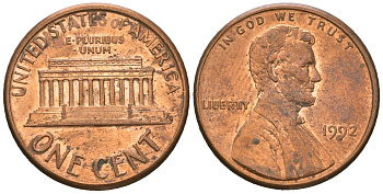 США 1 цент 1992 Авраам Линкольн KM 201b цинк плакированная медью aUNC 220-1016