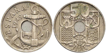 ИСПАНИЯ 50 СЕНТИМО 1949 (53) ФРАНСИСКО ФРАНКО ДИКТАТОР ИСПАНИИ (1939-1975), МОРСКАЯ АТРИБУТИКА KM 777 медно-никель 119-914