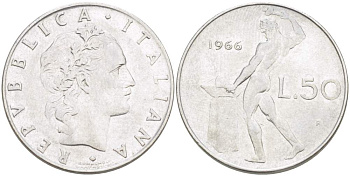 ИТАЛИЯ 50 ЛИР 1966 R, КУЗНЕЦ, ВУЛКАН БОГ ОГНЯ, ДИАМЕТР 25 ММ. KM 95.1 нержавеющая сталь 4390-911