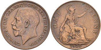 Великобритания 1 пенни 1920 Георг V (1910-1936) KM 810, Spink 4051 бронза 4590-1212