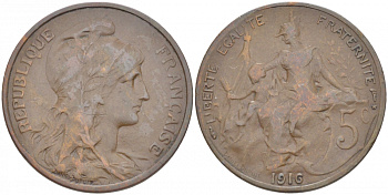 ФРАНЦИЯ 5 САНТИМОВ 1916 ТИП ДАНИЭЛЬ ДЮПЮИ, INCLUS KM 842, LE FRANC 119.29 бронза 4402-722