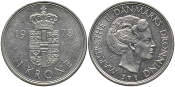 ДАНИЯ 1 КРОНА 1978 S; B, МАРГРЕТЕ II (1972-) KM 862.1 медно-никель 28-145