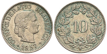 Швейцария 10 раппенов 1957 В KM 27 медно-никель 4576-948