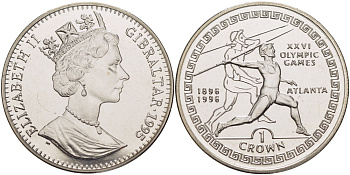 Гибралтар 1 крона 1995 XXVI Олимпийские игры в Атланте 1996 года, копьеметатель, 100 лет Олимпийскому движению (1896-1996) KM 302 медно-никель BUNC 1084-9-12