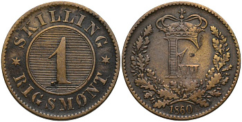 ДАНИЯ 1 СКИЛЛИНГ РИГСМОНТ 1860 ФРЕДЕРИК VII (1848-1863) KM 763 (С135) бронза 27-455