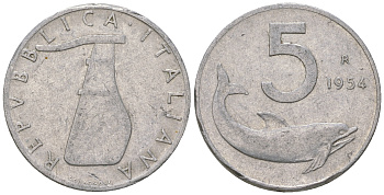 Италия 5 лир 1954 R, руль, дельфин KM 92 алюминий 4576-845