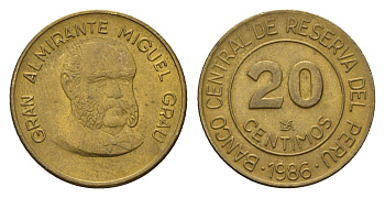 Перу 20 сентимо 1986 Мигель Грау Семинарио KM 294 латунь aUNC 4674-1057