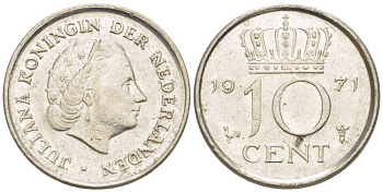 Нидерланды 10 центов 1971 Юлиана (1948-1980) KM 182 никель 214-1253