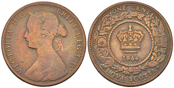 Новая Шотландия, Канада 1 цент 1864 Виктория (1837-1901) KM 8 бронза 65-624