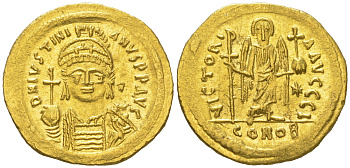 Византийская Империя солид 527-565 Юстиниан, DN IVSTINIANVS PP AVG, бюст императора анфас/VICTORIA AVGGGI, Виктория с крестом и державой, Константинополь, 4,46 гр, extremely fine Sear 140 золото 10-020-81
