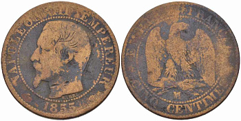 ФРАНЦИЯ 5 САНТИМОВ 1855 MA, НАПОЛЕОН III (1852-1870) KM 777.6, LE FRANC 116.27 бронза 108-321