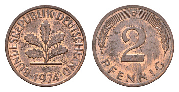ФРГ 2 пфеннига 1974 D KM 106a, J.381a сталь плакированная медью 4618-1029
