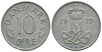 ДАНИЯ 10 ЭРЕ 1977 S; B, МАРГРЕТЕ II (1972-) KM 860.1 медно-никель 4110-1722
