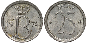 Бельгия 25 сантимов 1974 BELGIE KM 154 медно-никель 4124-542