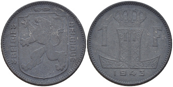 БЕЛЬГИЯ 1 ФРАНК 1943 BELGIE-BELGIQUE, ГЕРМАНСКАЯ ОККУПАЦИЯ KM 128 цинк 31-1241