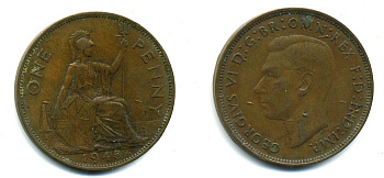 Великобритания 1 пенни 1948 Георг VI (1936-1952) KM 845, Spink 4114 бронза 57-215