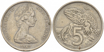 Новая Зеландия 5 центов 1967 Елизавета II (1952-2022), ящерица гаттерия KM 34.1 медно-никель 4528-849