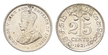 Цейлон 25 центов 1921 B, Георг V (1910-1936) KM 105a серебро UNC 1526-911