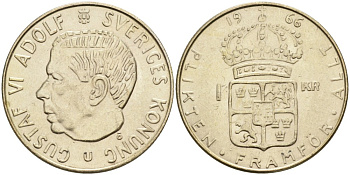 Швеция 1 крона 1966 U, Густав VI Адольф (1950-1973) KM 826 серебро 4542-622
