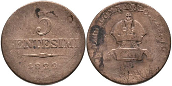 ВЕНЕЦИЯ-ЛОМБАРДИЯ 5 ЧЕНТЕЗИМО 1822 V, АВСТРИЙСКАЯ АДМИНИСТРАЦИЯ KM 3.3 медь 117-455