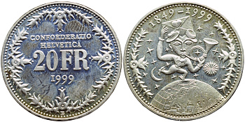 Швейцария 20 франков 1999 В, 150 лет Швейцарской почтовой службе KM 85 серебро PROOF 1524-734