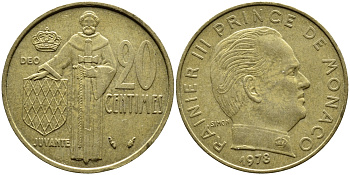 Монако 20 сантимов 1978 Ренье III (1949-2005) KM 143 алюминиевая бронза 4393-1245