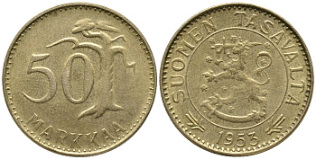 ФИНЛЯНДИЯ 50 МАРОК 1953 KM 40 алюминиевая бронза 34-1112