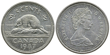 Канада 5 центов 1987 Елизавета II (1952-2022), бобер KM 60.2 a медно-никель 4364-2614