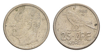 Норвегия 25 эре 1960 Улаф V (1957-1991) KM 407 медно-никель aUNC 4632-1235