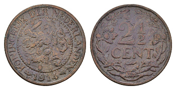 Нидерланды 2 1/2 цента 1914 Вильгельмина (1890-1948) KM 150 бронза 3996-655