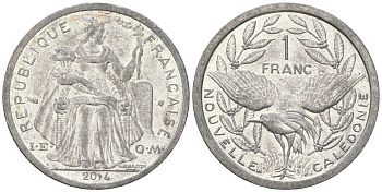 Французская Новая Каледония 1 франк 2014 птица кагу, (IEOM) KM 10, Schoen 10 алюминий 31-1221